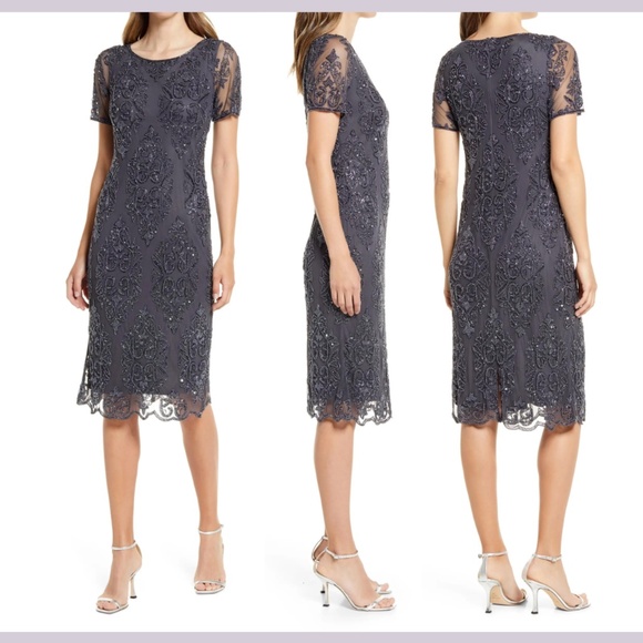 NEW $228 Pisarro Nights [‎ 2 ] Short Sleeve Beaded Midi Dress in Slate - Picture 1 of 14